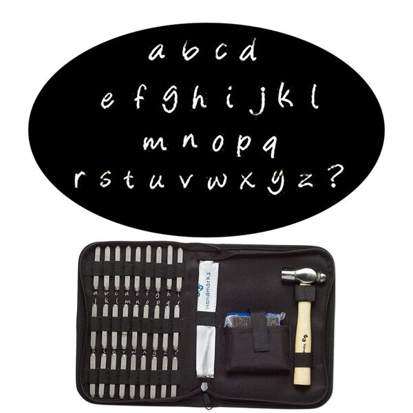 Stamp punch set, steel / wood / fabric, black, alphabetical lowercase letters a-z and "?" symbol, includes ball peen hammer and steel block. Sold per 31-piece set. image number 0