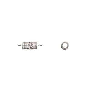 Bead, Hill Tribes, antiqued sterling silver, 6x3mm round tube with flower design. Sold per pkg of 2.
