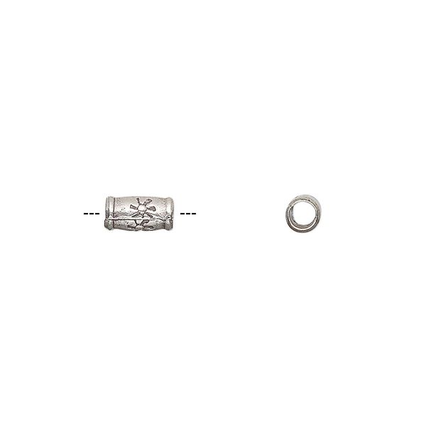 Bead, Hill Tribes, antiqued sterling silver, 6x3mm round tube with flower design. Sold per pkg of 2. image number 0