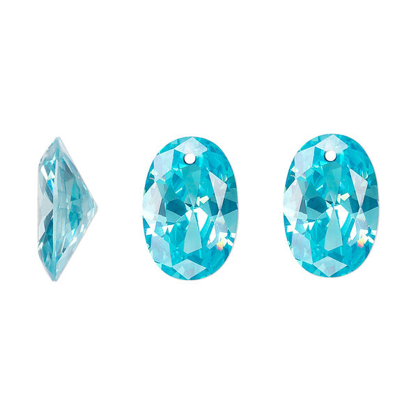 Drop, cubic zirconia, aqua blue, 15x10mm hand-faceted oval, Mohs hardness 8-1/2. Sold per pkg of 2. image number 0