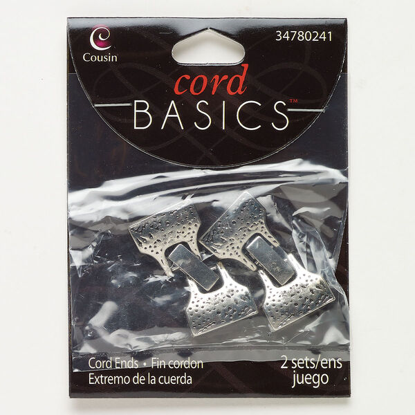 Clasp, fold-over, antique silver-finished "pewter" (zinc-based alloy), 34x18mm textured with glue-in cord end, 16x2mm inner diameter. Sold per pkg of 2. image number 0