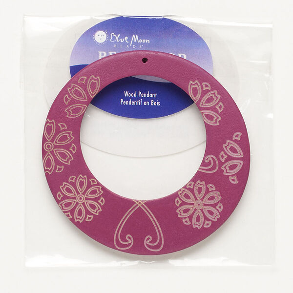 Focal, wood, purple, 64mm round go-go with flower and heart design. Sold individually. image number 0