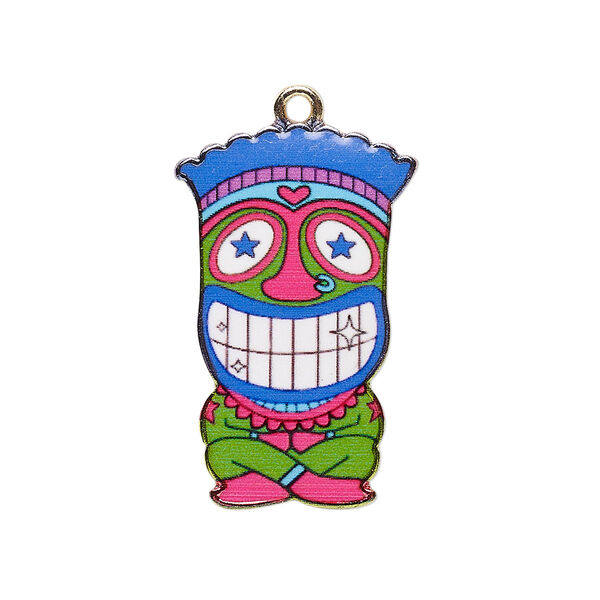 Focal, resin and gold-finished "pewter" (zinc-based alloy), blue / green / red, 31x19.5mm single-sided tiki. Sold individually. image number 0