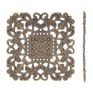 Focal, antique brass-finished brass, 40x40mm filigree square. Sold per pkg of 4.