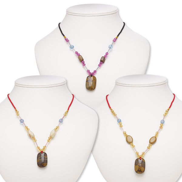 Multi-gemstone / acrylic / glass 1pkg3, rounded rectangle pendant necklace C grade, mix continuous loop 20 inch 29x19mm-30x20mm image number 0