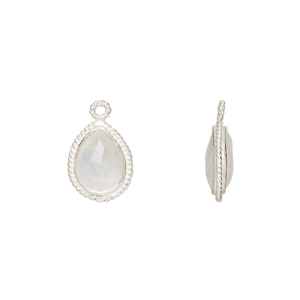 Drop, rainbow moonstone (natural) and sterling silver, 11x9mm-12x10mm hand-cut double-sided faceted puffed teardrop with rope edge design, B grade, Mohs hardness 6 to 6-1/2. Sold individually. image number 0