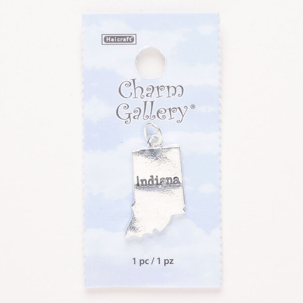 Charm, steel and enamel, pkg/1, silver finish and black, 23x16mm with "Indiana." image number 0