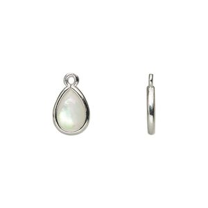 Drop, mother-of-pearl shell and imitation rhodium-finished brass (assembled), 10.5x7mm-11.5x8mm double-sided teardrop. Sold per pkg of 4.