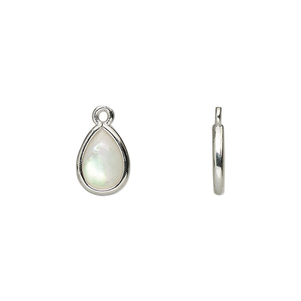 Drop, mother-of-pearl shell and imitation rhodium-finished brass (assembled), 10.5x7mm-11.5x8mm double-sided teardrop. Sold per pkg of 4. image number 0