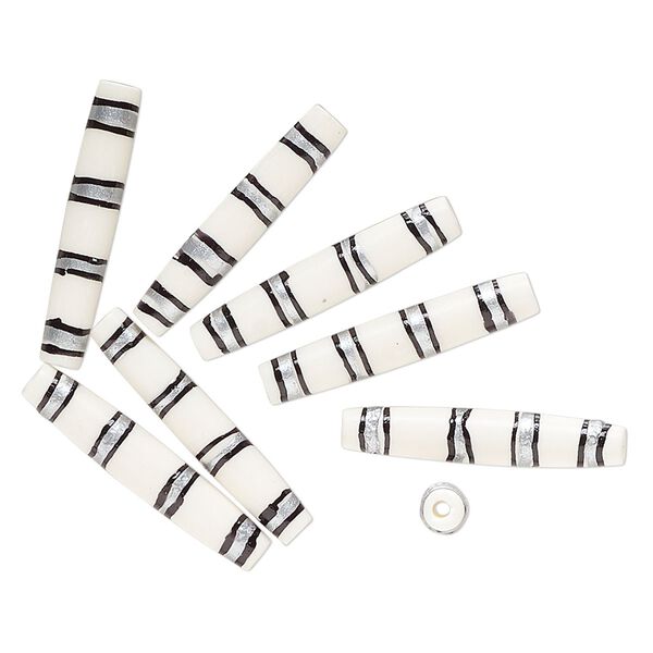 Bead, bone (dyed), white / black / silver, 36x7mm-35x6mm hand-painted tube with line design. Sold per pkg of 8. image number 0
