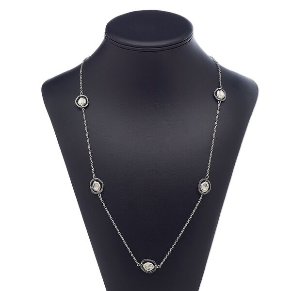 Necklace, gunmetal-plated "pewter" (zinc-based alloy) / silver-plated brass / steel / "pewter" (zinc-based alloy), 16x14mm open freeform oval with flat nugget, 36 inches with 3-inch extender chain and lobster claw clasp. Sold individually. image number 0