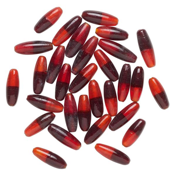 Bead, glass, translucent 2-tone black and red, 23x8mm-28x9mm capsule. Sold per pkg, 30 beads. image number 0