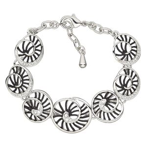 Bracelet, enamel / glass rhinestone / imitation rhodium-finished brass / steel / "pewter" (zinc-based alloy), black and clear, 21mm wide with nautilus, 6-1/2 inches with 1-1/2 inch extender chain and lobster claw clasp. Sold individually.