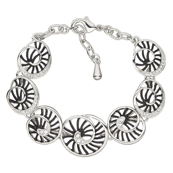 Bracelet, enamel / glass rhinestone / imitation rhodium-finished brass / steel / "pewter" (zinc-based alloy), black and clear, 21mm wide with nautilus, 6-1/2 inches with 1-1/2 inch extender chain and lobster claw clasp. Sold individually. image number 0