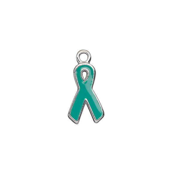 Charm, silver-plated aluminum and epoxy, green, 15x9mm single-sided awareness ribbon. Sold per pkg of 6. image number 0