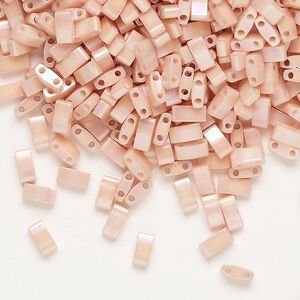 Seed bead, TILA®, glass, pkg/10g, 5x2.3mm half tila rectangle, opaque luster rainbow light peach (HTL-596-1).