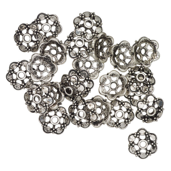 Bead cap, antique silver-finished brass, 15x5mm beaded flower, fits 14-16mm beads. Sold per pkg of 24. image number 0