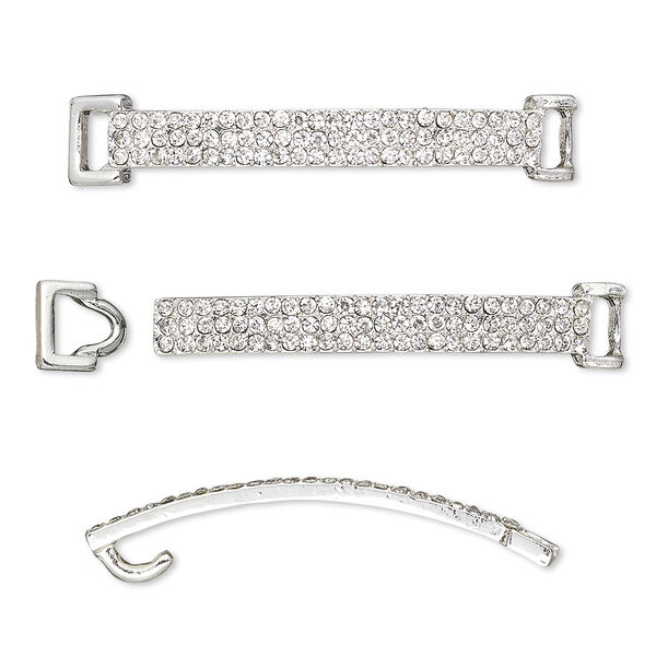 Clasp, hook-and-eye, glass rhinestone and silver-finished "pewter" (zinc-based alloy), clear, 48x8mm single-sided curved rectangle, 5x2.5mm inside diameter. Sold per 2-piece set. image number 0