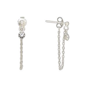 Earstud, Create Compliments®, sterling silver and glass rhinestone, clear, 22mm with safety chain. Sold per pair.