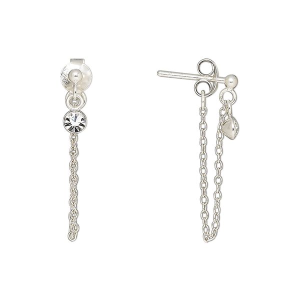 Earstud, Create Compliments®, sterling silver and glass rhinestone, clear, 22mm with safety chain. Sold per pair. image number 0