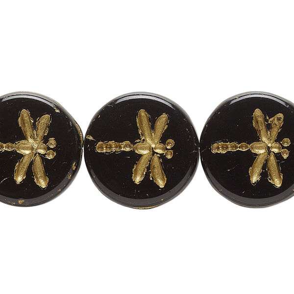 Bead, Preciosa, Czech pressed glass, opaque black, 17mm flat round with gold-painted dragonfly. Sold per pkg of 12. image number 0
