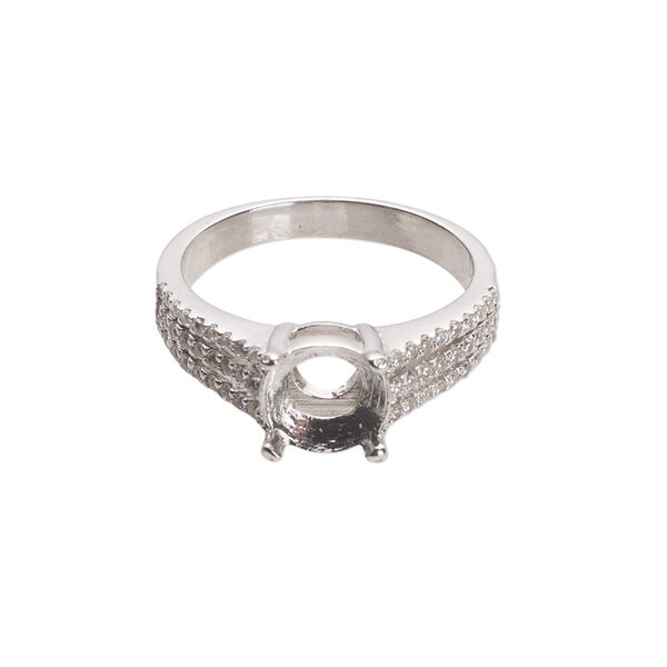 Ring, cubic zirconia and rhodium-plated sterling silver, clear, 8mm wide with open back and SS39 or 8mm round 4-prong setting, size 9. Sold individually. image number 0