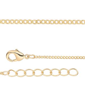 Chain, gold-finished brass, 1mm curb, 16 inches with 1-1/4 inch extender chain and lobster claw clasp. Sold per pkg of 4.