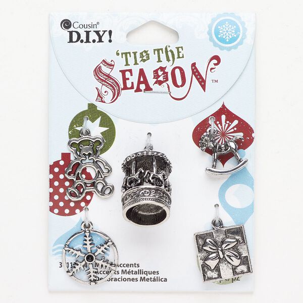 Charm assortment 1pkg5 antique silver-finished "pewter" (zinc-based alloy), 24x17mm 3D carousel / 21x16mm double-sided teddy bear / 15mm 3D rocking horse / 19mm single-sided snowflake / 17mm double-sided present. image number 0