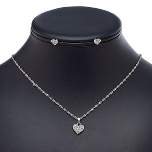 Necklace and earring set, glass rhinestone / imitation rhodium-plated steel / brass / "pewter" (zinc-based alloy), clear, 12x11mm heart, 18-inch necklace with 2-inch extender chain and lobster claw clasp, 6x6mm heart with post. Sold per set.