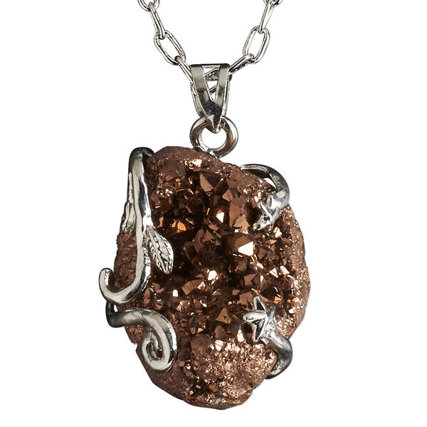 Necklace, electroplated druzy agate (coated) and imitation rhodium-plated brass, brown, 30x20mm-38x28mm hand-cut wire-wrapped freeform, 20 inches with 2-1/2 inch extender chain and lobster claw clasp. Sold individually. image number 0