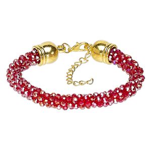 Bracelet, glass / gold-coated plastic / gold-finished steel / "pewter" (zinc-based alloy), red AB, 7.5mm wide, 7 inches with 2-inch extender chain and lobster claw clasp. Sold individually.