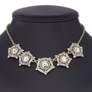 Necklace, glass rhinestone / resin / gold-coated plastic / gold-finished steel / "pewter" (zinc-based alloy), multicolored, 25x25mm pentagon, 16 inches with 2-inch extender chain and lobster claw clasp. Sold individually.