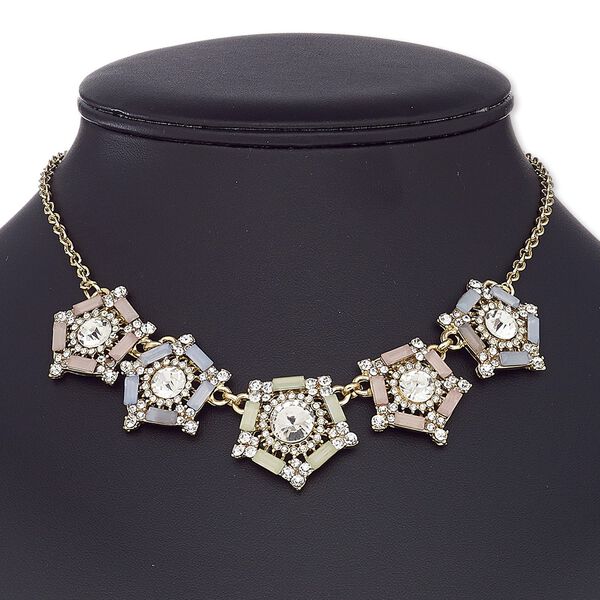 Necklace, glass rhinestone / resin / gold-coated plastic / gold-finished steel / "pewter" (zinc-based alloy), multicolored, 25x25mm pentagon, 16 inches with 2-inch extender chain and lobster claw clasp. Sold individually. image number 0