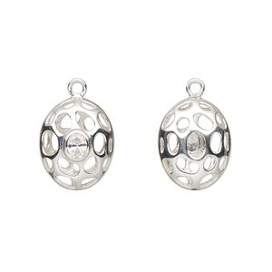 Drop, sterling silver and cubic zirconia, clear, 15x12mm double sided hollow filigree puffed oval. Sold individually.