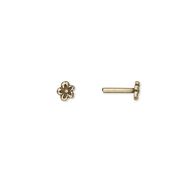 Brad, JBB Findings, antiqued brass, 9x5mm with 5x5mm flower and 8x1.5mm post. Sold per pkg of 4. image number 0