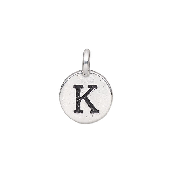 Drop, TierraCast®, antique silver-plated pewter (tin-based alloy), 11.5mm single-sided round with textured alphabet letter "K." Sold per pkg of 2. image number 0