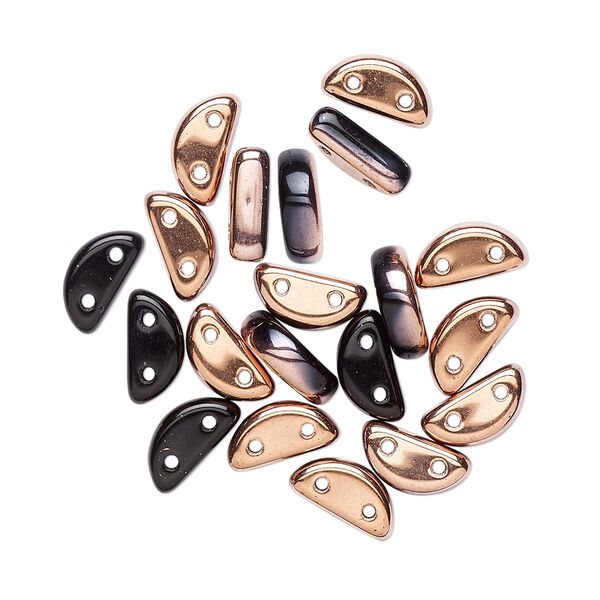 Bead, Preciosa, Czech pressed glass, opaque black with half-coat copper, 8.5x3mm half moon with (2) 0.8-0.9mm holes. Sold per pkg of 20. image number 0