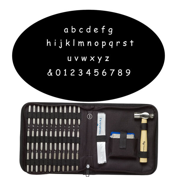 Stamp punch set, steel / wood / fabric, black, alphabetical lowercase letters a-z / numbers 0-9 / "&" symbol, includes ball peen hammer and steel block. Sold per 40-piece set. image number 0
