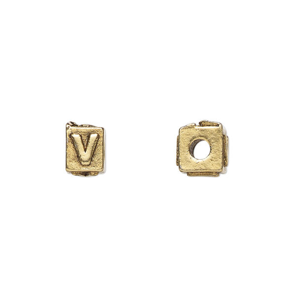Bead, antique gold-plated pewter (tin-based alloy), 8x6mm rectangle with alphabet letter "V." Sold per pkg of 4. image number 0