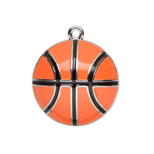 Charm, enamel and silver-finished "pewter" (zinc-based alloy), orange and black, 25mm single-sided domed basketball. Sold individually. image number 0