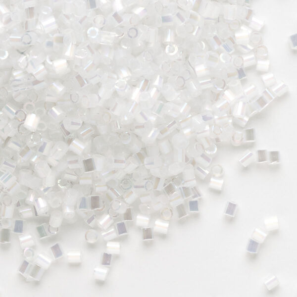 Seed bead, Dyna-Mites™, glass, pkg/1/2kg, #11 cut-off beads cut-off round, translucent silky rainbow white, (363R 11/0 CUT OFF). image number 0