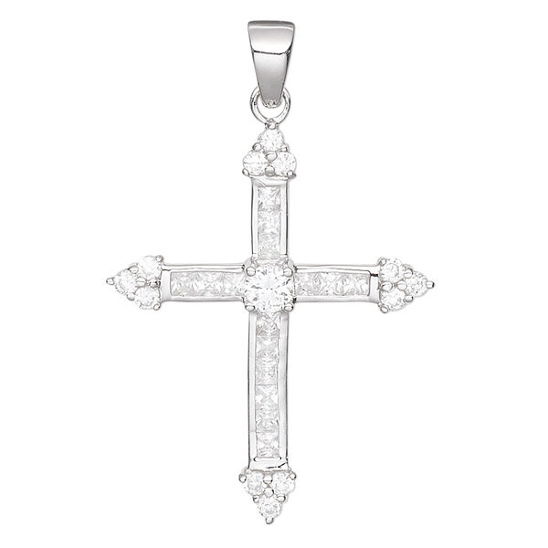 Pendant, cubic zirconia and rhodium-plated sterling silver, clear, 33x27mm cross. Sold individually. image number 0