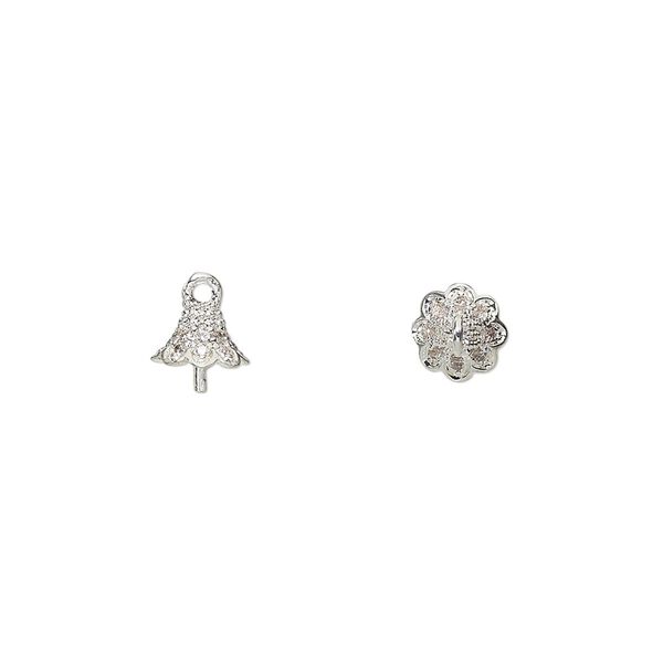 Cup, silver-finished brass and glass rhinestone, clear, 6mm cup with 3mm peg, fits 6-8mm bead. Sold individually. image number 0