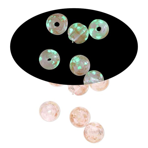 Bead, lampworked glass, clear / pink / glow-in-the-dark / gold, 6mm round. Sold per pkg of 6. image number 0