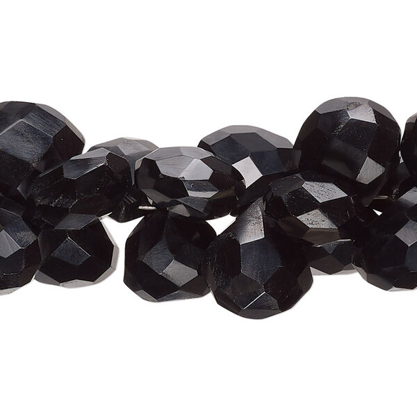 Bead, black onyx (dyed), 11x10mm-13x12mm hand-cut top-drilled faceted puffed teardrop with 0.4-1.4mm hole, B grade, Mohs hardness 6-1/2 to 7. Sold per 7-inch strand, approximately 50 beads. image number 0