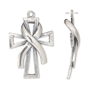 Focal, JBB Findings, antiqued sterling silver, 30x22mm single-sided cross with awareness ribbon. Sold individually.
