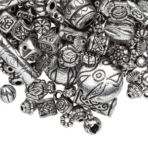 Bead mix, antique silver-finished plastic, 6.5x2mm-25x19.5mm mixed shapes. Sold per 1/4 pound pkg, approximately 600-750 beads.