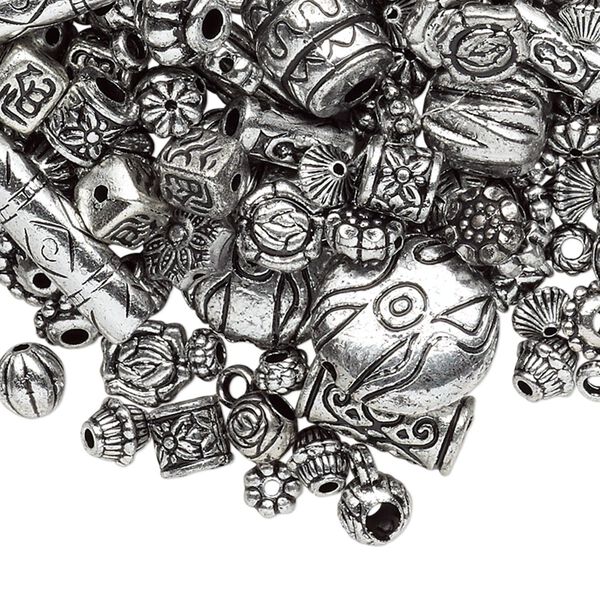 Bead mix, antique silver-finished plastic, 6.5x2mm-25x19.5mm mixed shapes. Sold per 1/4 pound pkg, approximately 600-750 beads. image number 0