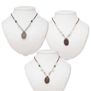 Multi-gemstone / acrylic / glass 1pkg3, oval pendant necklace mix continuous loop 20-24 inch 33x23mm-34x24mm