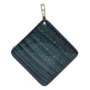 Pendant, steel and dichroic glass, pkg/1, 40mm diamond, silver finish / blue / green with silver-colored foil.
